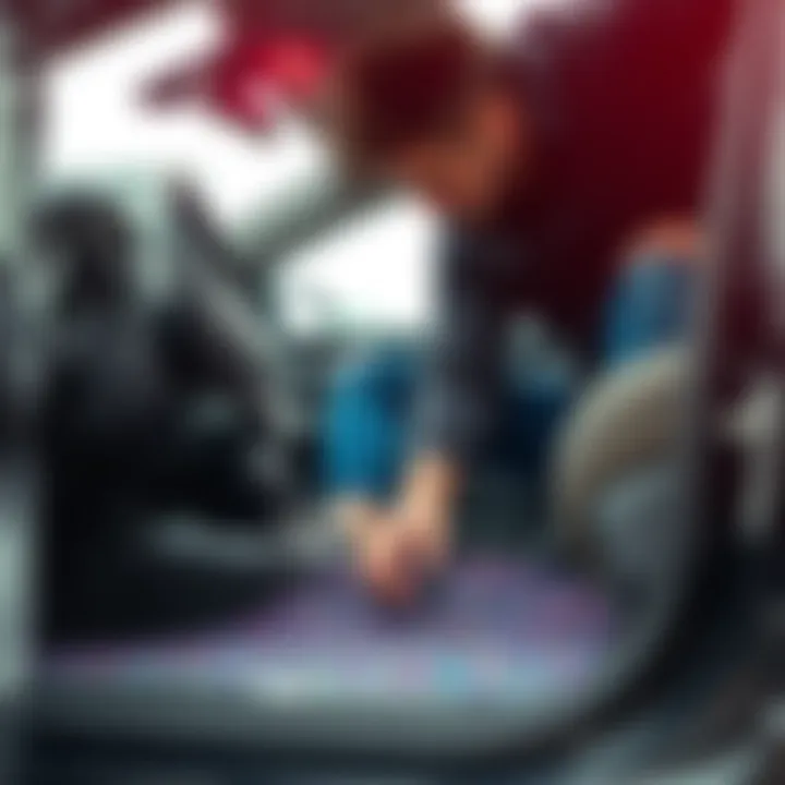 An individual installing glitter car floor mats in a modern vehicle, emphasizing ease of installation.
