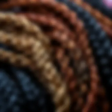 Close-up of high-quality kinky braiding hair materials in different textures and colors