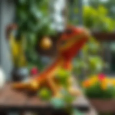 Colorful Lizard Sculpture on Patio Colorful lizard sculpture mounted on a wooden patio