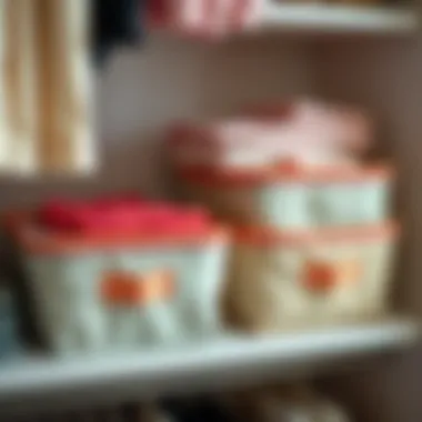 Stylish fabric organizer bins placed on a shelf, enhancing wardrobe aesthetics.