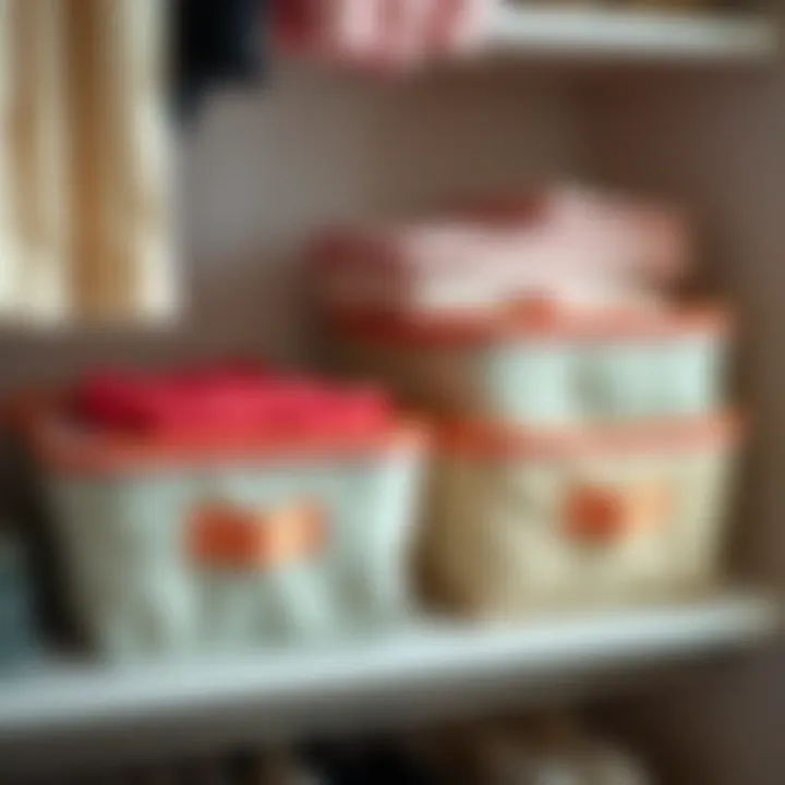 Stylish fabric organizer bins placed on a shelf, enhancing wardrobe aesthetics.