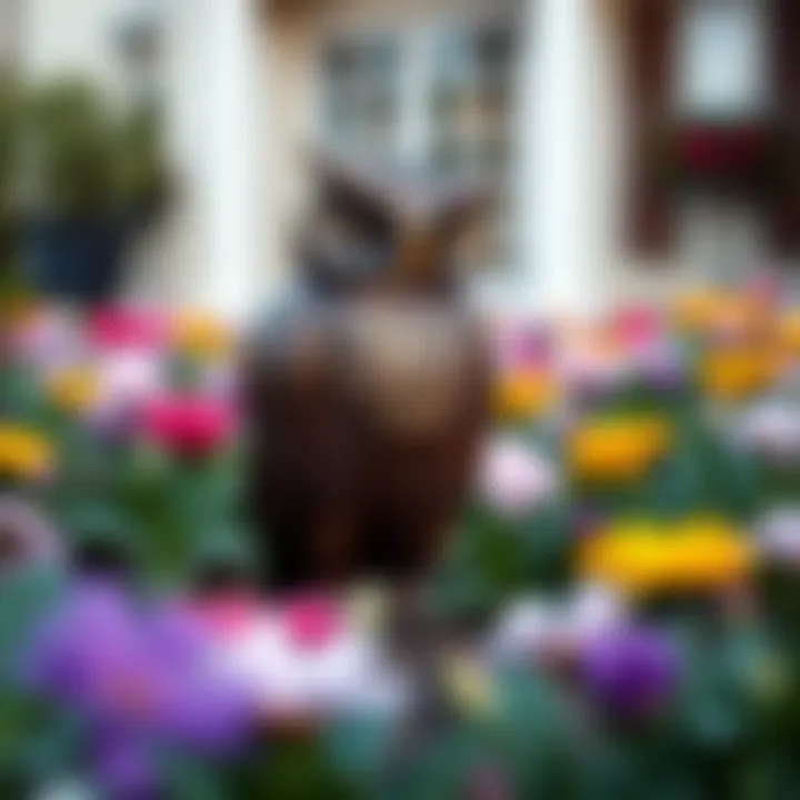 Elegant metal owl design in a flower bed