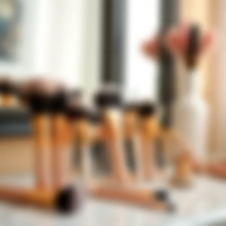 Elegant arrangement of mini travel size makeup brushes on a vanity