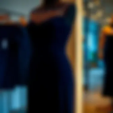 Elegant navy blue bodycon dress displayed on a mannequin.