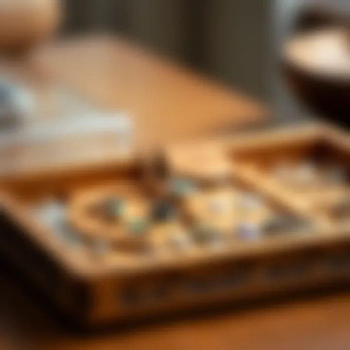 Close-up of a wooden necklace tray with intricate designs and compartments for different jewelry pieces.