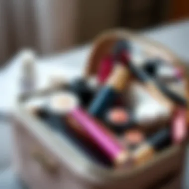 Stylish Makeup Bag with Organized Essentials Essential cosmetics neatly organized within a stylish makeup bag