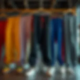 A stylish display of parachute sweatpants showcasing various colors and designs.