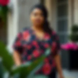 A stylish plus-size lace-up shirt featured in a vibrant floral pattern