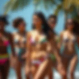 A stylish collection of Popvil Swim swimwear showcasing vibrant colors and unique patterns