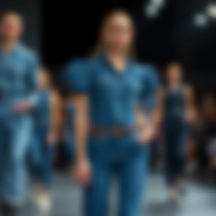 Runway Presentation of Denim Jumpsuits Runway display of modern denim jumpsuits
