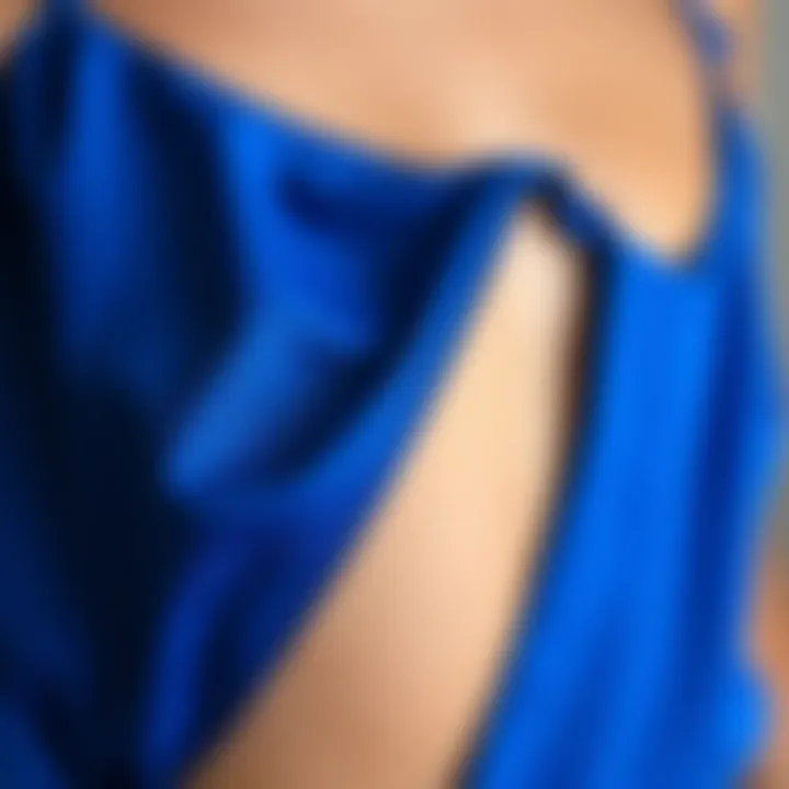 Close-up of luxurious fabric texture of a royal blue camisole