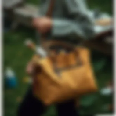 Person using a canvas bag for artistic tools outdoors