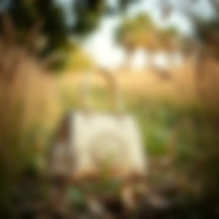 Chic Spring Straw Handbag in Nature A stylish spring straw handbag displayed in a natural outdoor setting