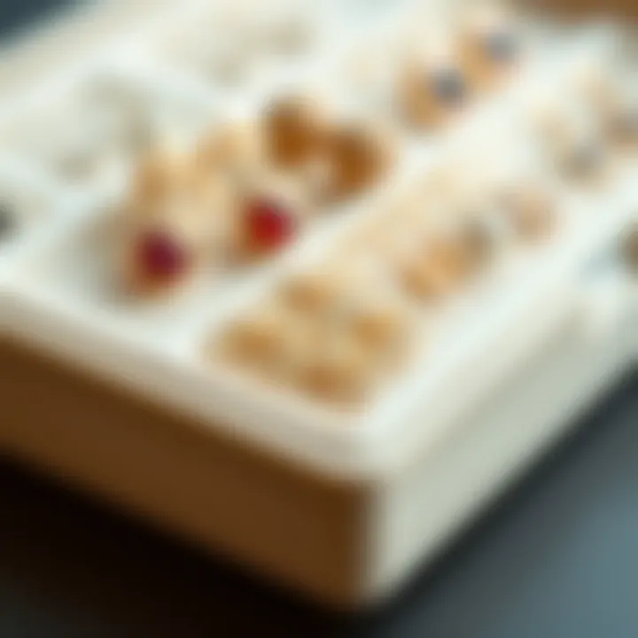 Close-up of a stackable earring tray showcasing quality materials.