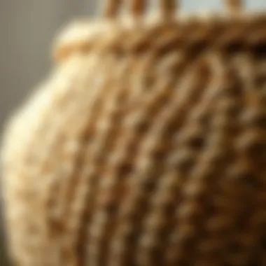 Intricate Weaving Details of Straw Handbag Close-up of the intricate weaving patterns on a straw handbag