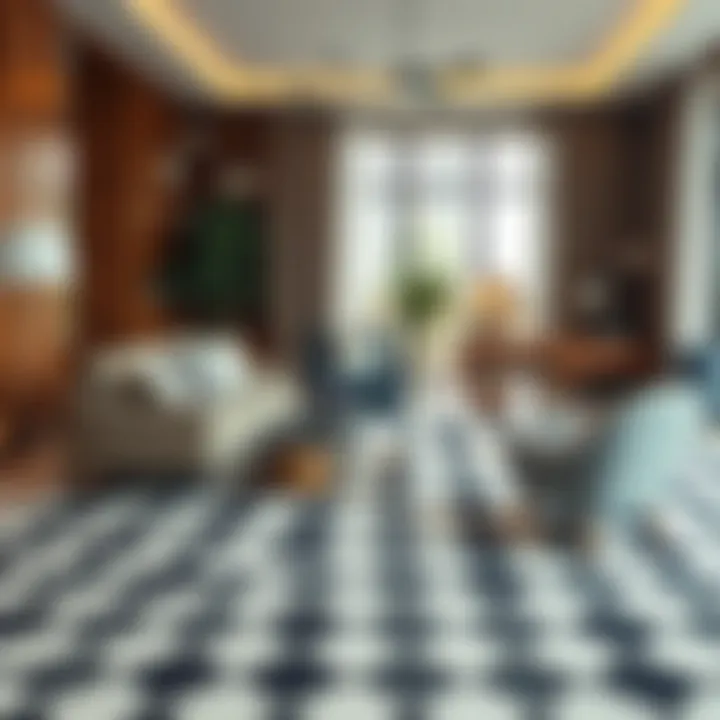 A stylish living room featuring a checkered flag carpet
