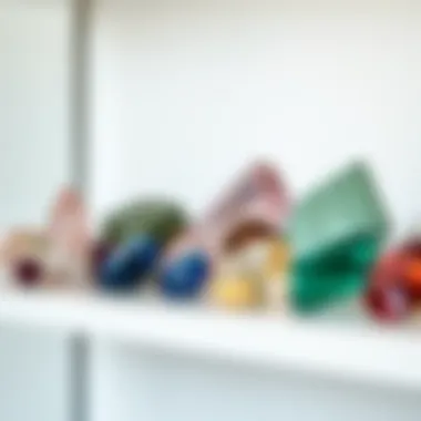 Close-Up Gemstone Arrangement Close-up of a beautifully arranged gemstone collection on a modern shelf