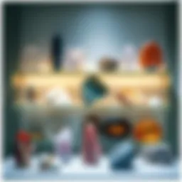 Elegant gemstone display shelf showcasing various crystals