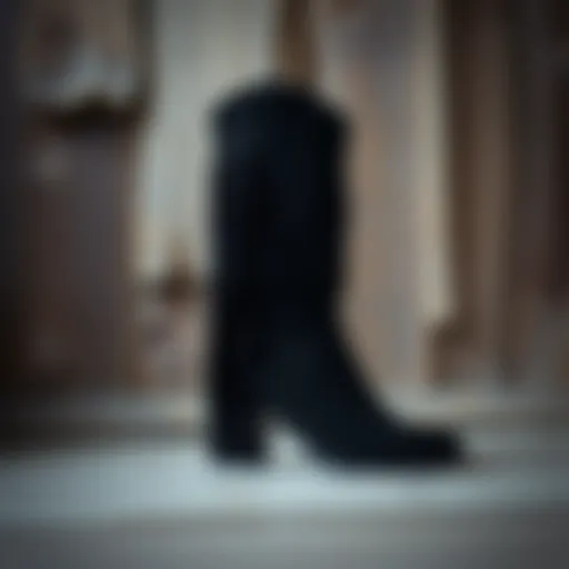 The Elegance of Black Fringe Boots Elegant black fringe boots showcased against a rustic wooden background