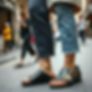 Fashionable Street Style with Embellished Birkenstocks A fashionable street scene featuring individuals wearing embellished Birkenstocks