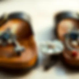 An intricate close-up of embellished Birkenstocks showcasing unique design elements