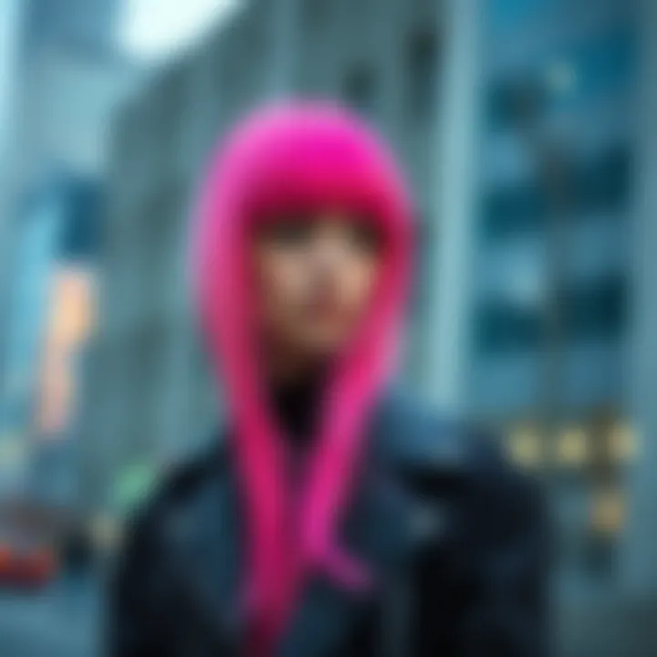 A fashion-forward individual wearing a long pink wig, set against an urban backdrop that reflects contemporary style.