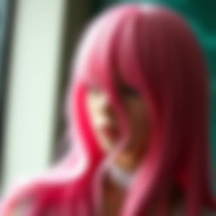 A close-up of the intricate craftsmanship of a long pink wig, highlighting the quality of materials and construction.