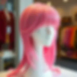 A striking long pink wig displayed on a mannequin head, showcasing its vibrant hue and flowing texture.