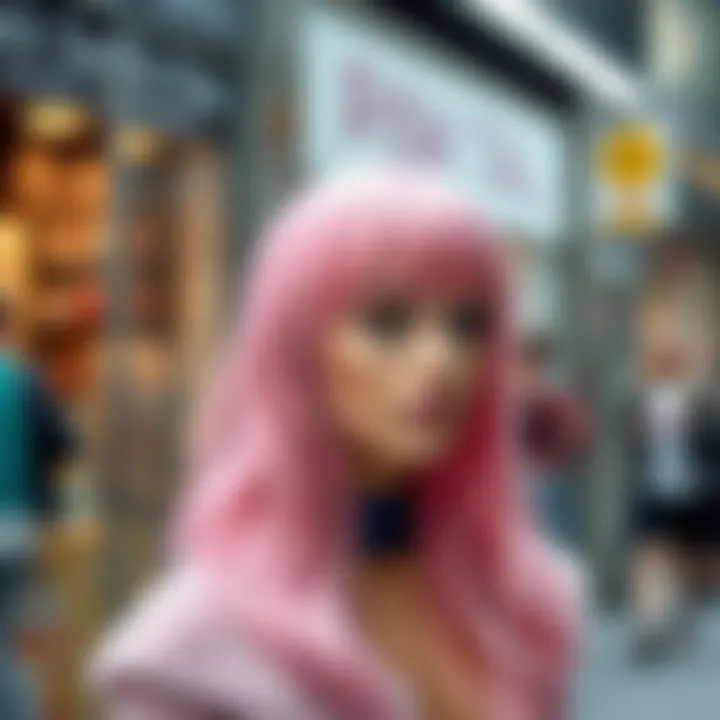 Fashionable Showcase of Pink Tinsel Hair A showcase of pink tinsel hair in a fashionable setting