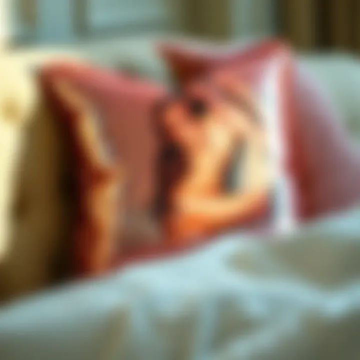 A close-up of a sequin pillow reflecting light with a stunning photograph embedded