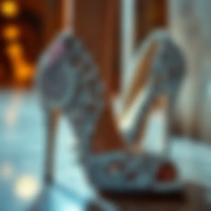 Intricate Design Details of Silver High Heel Shoes Close-up of intricate design details on silver high heel shoes