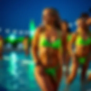 Poolside Fashion in Neon Green Fashionable individuals showcasing neon green tankinis at a pool party