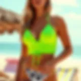Vibrancy of the Neon Green Tankini A vibrant neon green tankini displayed against a beach backdrop