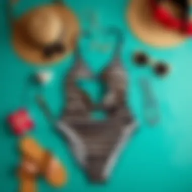 Stylish Swimwear Accessories Complementing the Striped Cutout Swimsuit Artistic arrangement of swimwear accessories with a striped cutout swimsuit