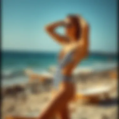 Model Showcasing the Striped Cutout Swimsuit at the Shore Fashionable beachside model showcasing striped cutout swimsuit