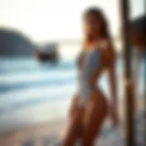 Elegant Beach Display of a Striped Cutout Swimsuit Stylish striped cutout one piece swimsuit displayed on a beach