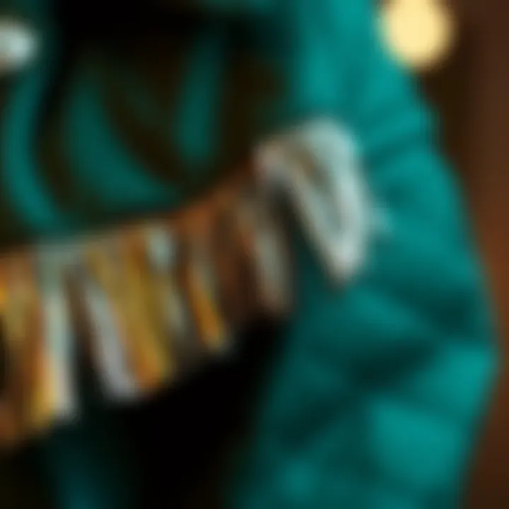 Close-up of metallic fringe trim detailing on a jacket