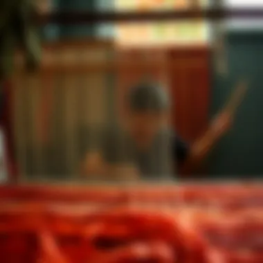 The Weaving Technique of Bar Tapestry An artist at work, carefully weaving a vibrant bar tapestry.