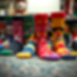 A collection of colorful socks with various faces printed on them, showcasing diverse designs.