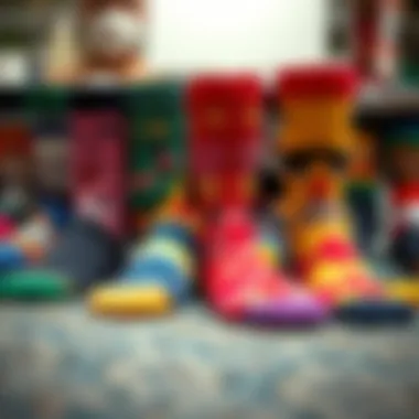 Diverse Designs of Face-Patterned Socks A collection of colorful socks with various faces printed on them, showcasing diverse designs.