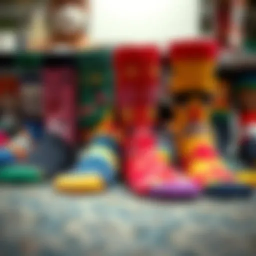 Diverse Designs of Face-Patterned Socks A collection of colorful socks with various faces printed on them, showcasing diverse designs.