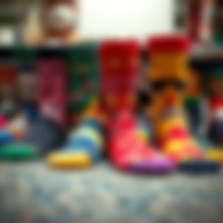 Diverse Designs of Face-Patterned Socks A collection of colorful socks with various faces printed on them, showcasing diverse designs.