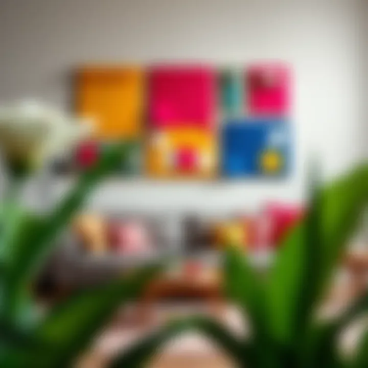 Colorful felt memo boards arranged in an artistic display on a living room wall