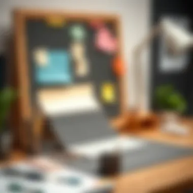 Stylish felt memo board used as an organizational tool on a creative workspace desk