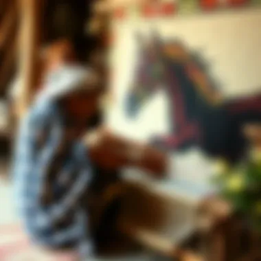Artisan Weaving a Horse Tapestry Artisan weaving a horse tapestry on a traditional loom