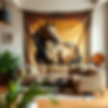 A vintage horse tapestry displayed in a modern living room setting