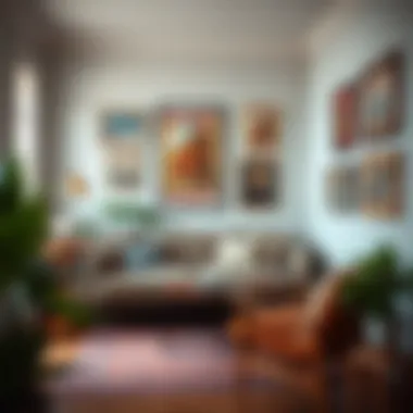 Cozy Reading Nook with Retro Touch A cozy reading nook adorned with framed retro posters and artistic elements