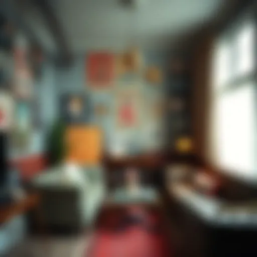 Vintage-inspired lounge featuring an eclectic collection of retro posters