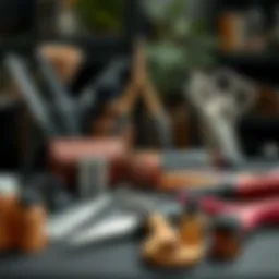 An assortment of professional hairdressing tools arranged aesthetically