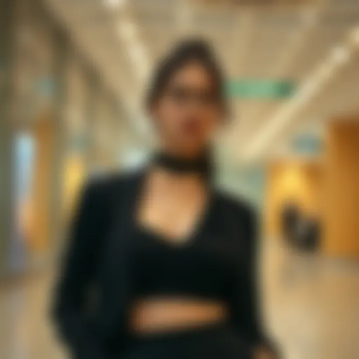A fashion-forward individual styled in a crop top for a professional setting.